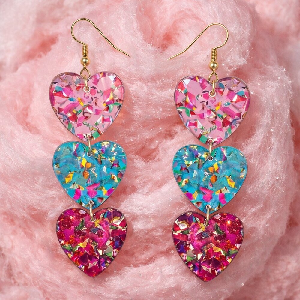 Colorful Triple Heart Earrings Confetti Glitter Acrylic Statement Dangle Jewelry